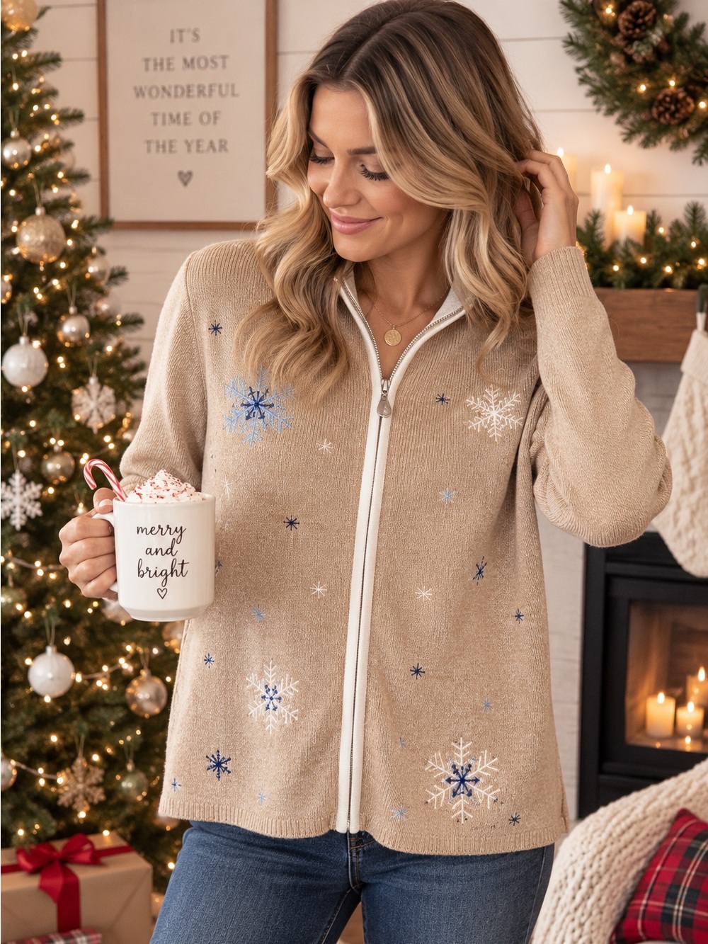 Carrol Reed Snowflake Sweater | Beige Knit | Christmas | Size L